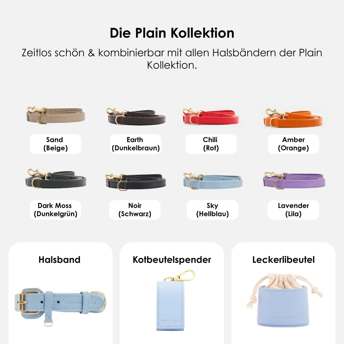 William Walker Premium leather dog leash Sky (baby blue)